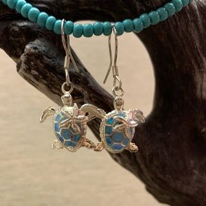 Silver tone & opal turtle earrings